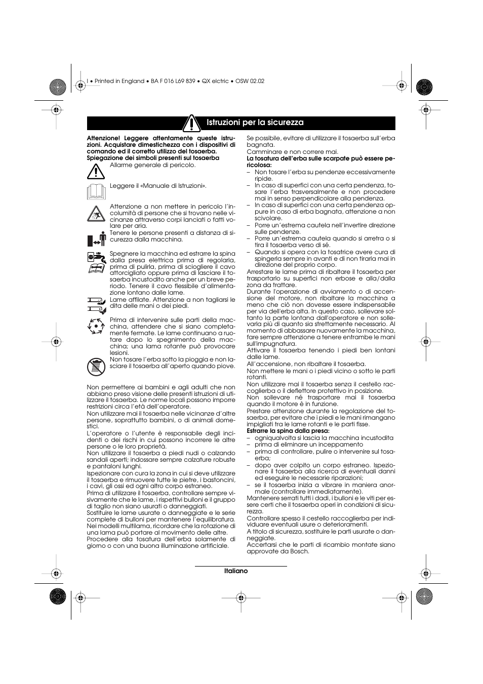 Istruzioni per la sicurezza | Atco QX User Manual | Page 41 / 97