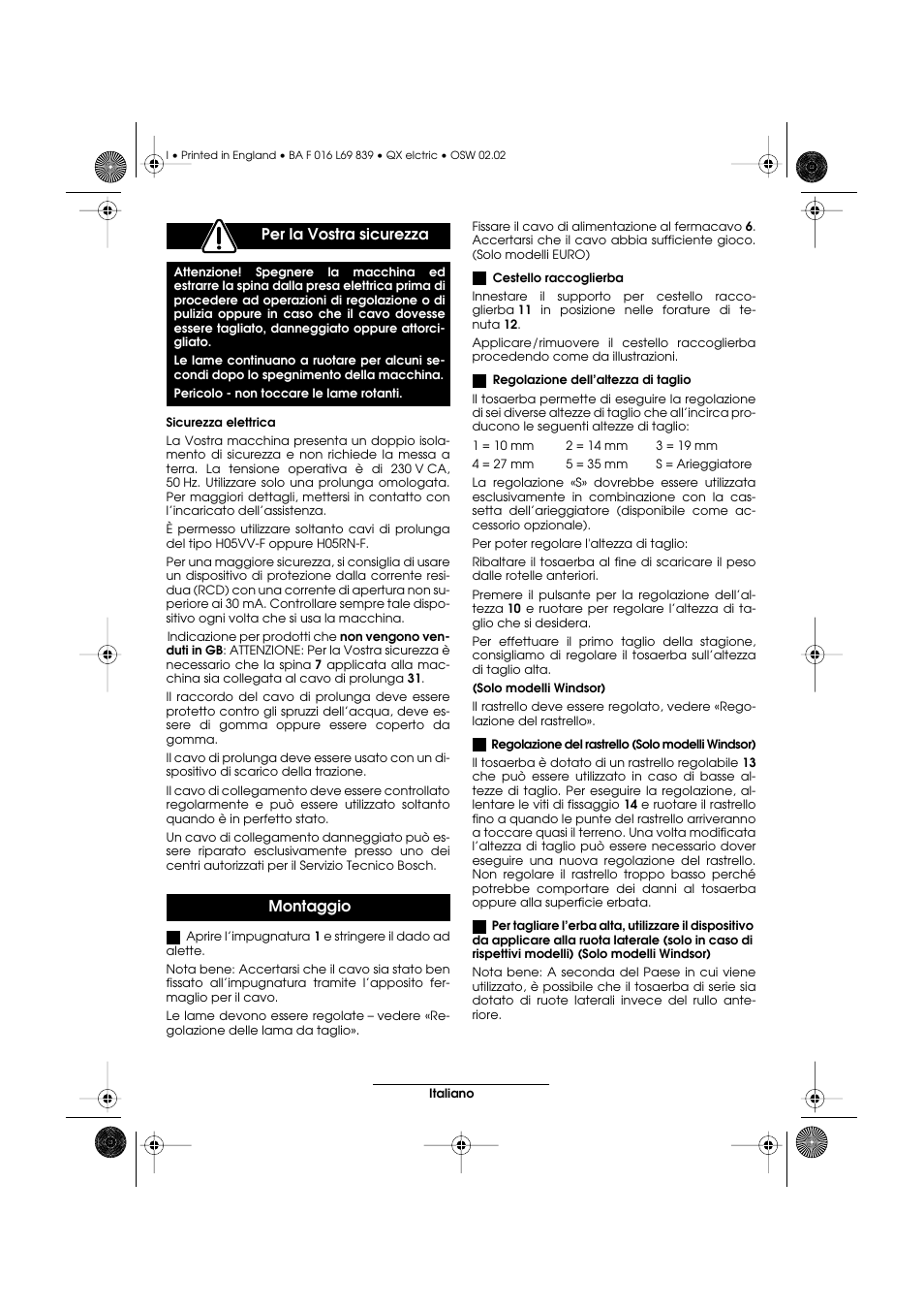 Per la vostra sicurezza, Montaggio | Atco QX User Manual | Page 43 / 97