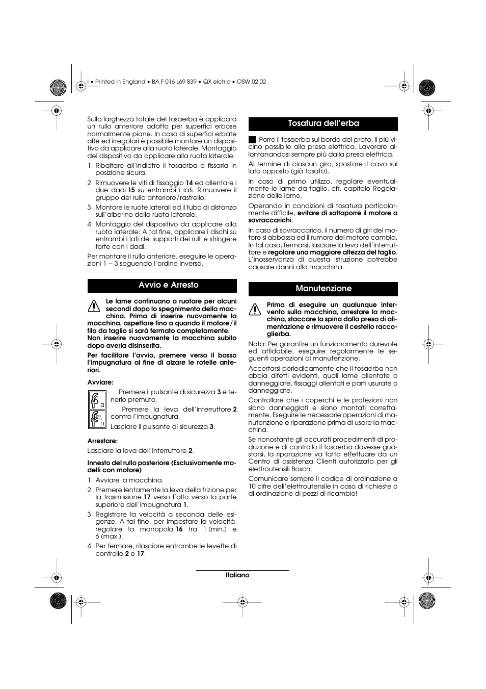 Avvio e arresto, Tosatura dell’erba manutenzione | Atco QX User Manual | Page 44 / 97