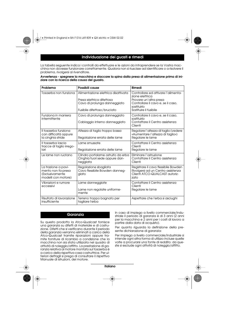 Individuazione dei guasti e rimedi, Garanzia | Atco QX User Manual | Page 46 / 97