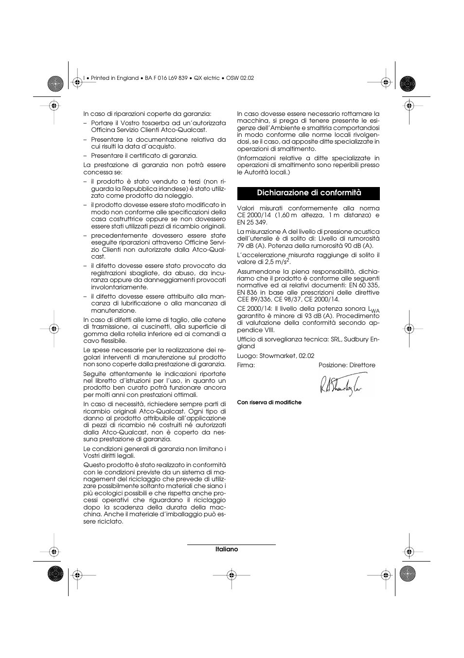 Dichiarazione di conformità | Atco QX User Manual | Page 47 / 97