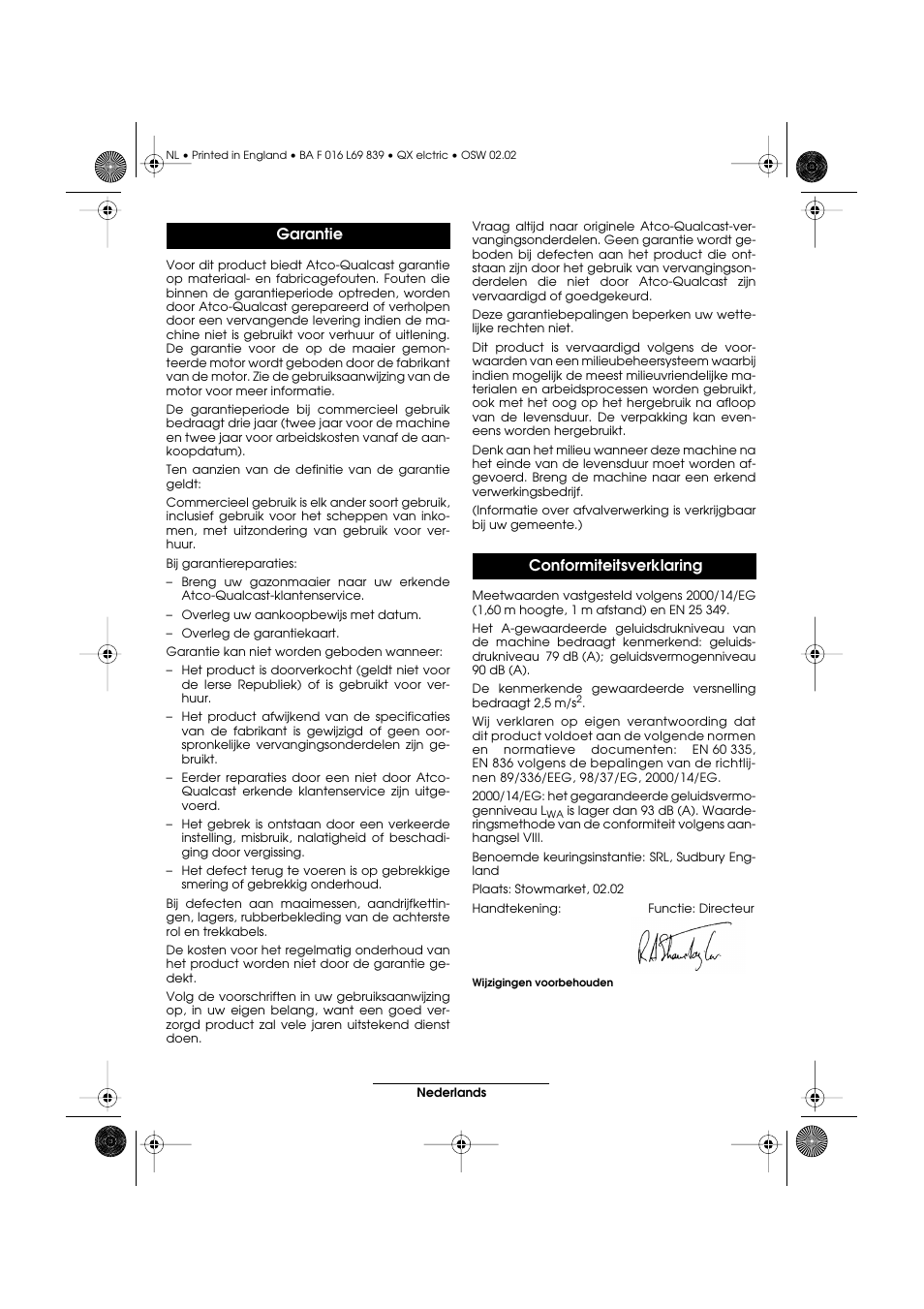 Garantie conformiteitsverklaring | Atco QX User Manual | Page 54 / 97