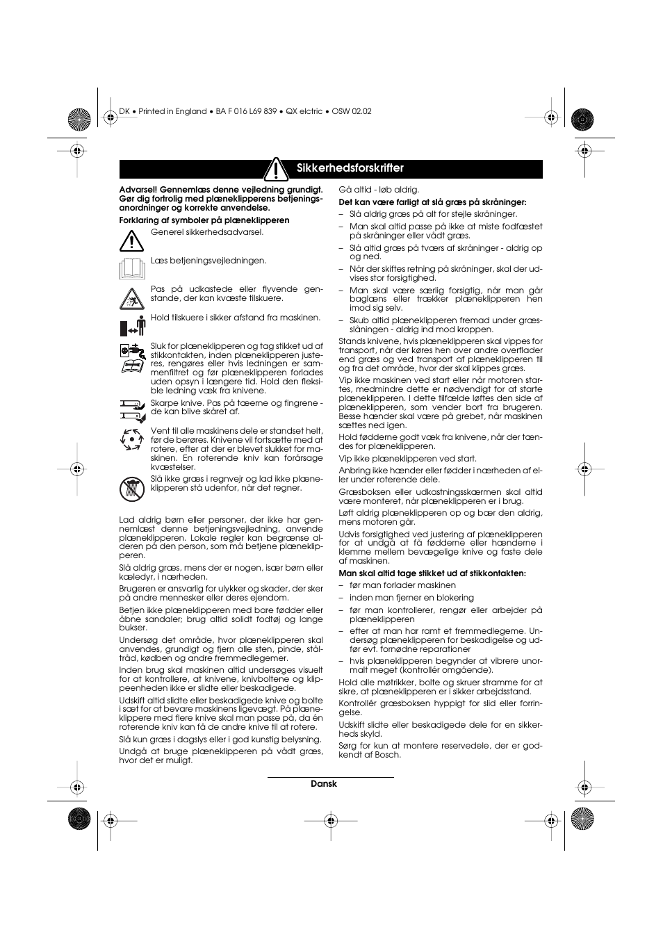 Sikkerhedsforskrifter | Atco QX User Manual | Page 55 / 97