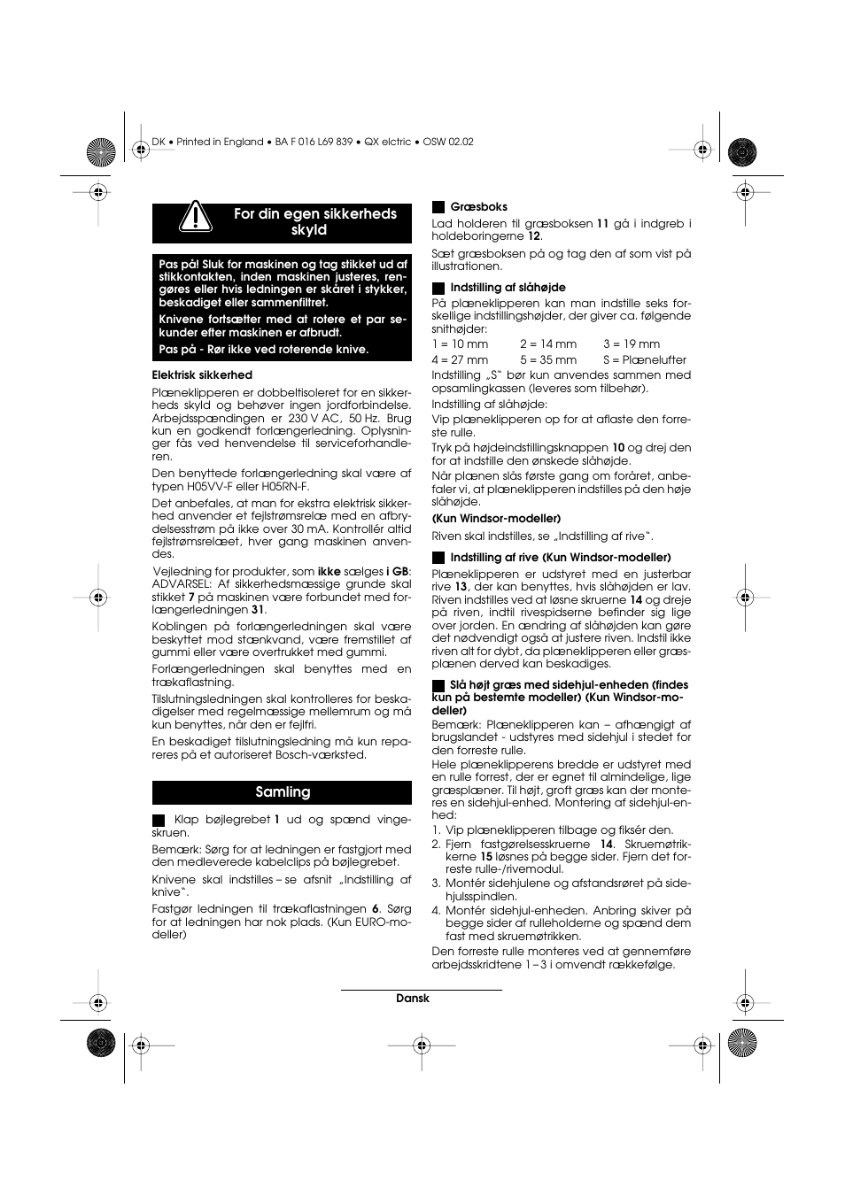 For din egen sikkerheds skyld, Samling | Atco QX User Manual | Page 57 / 97