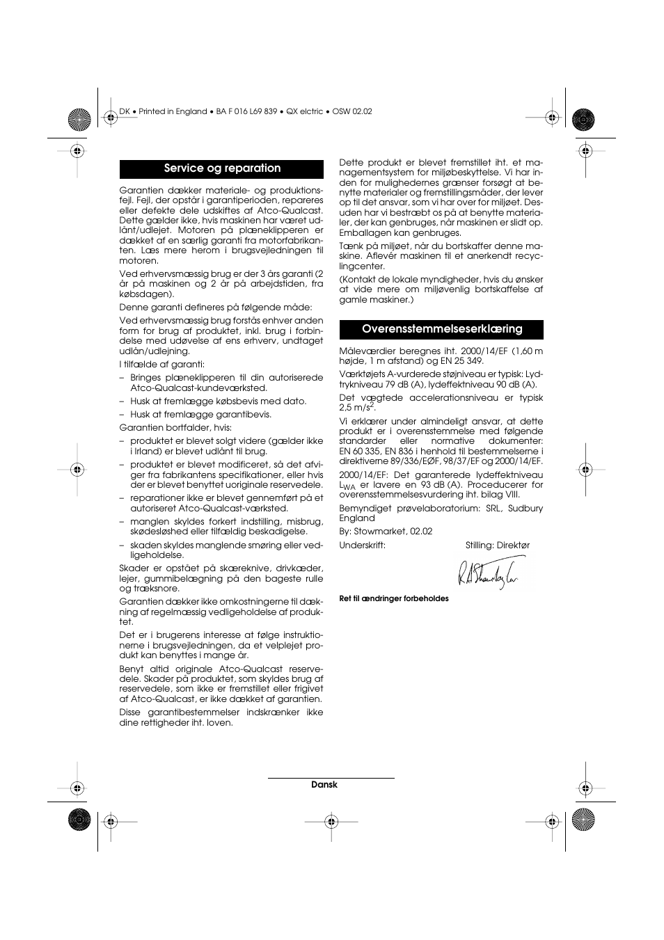 Service og reparation overensstemmelseserklæring | Atco QX User Manual | Page 61 / 97