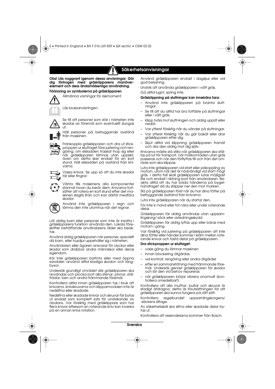 Säkerhetsanvisningar | Atco QX User Manual | Page 62 / 97