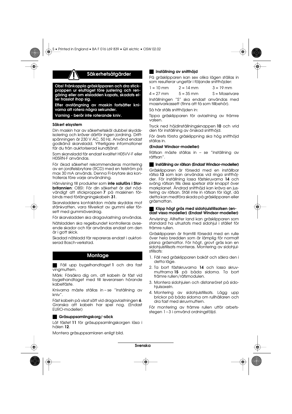 Säkerhetsåtgärder, Montage | Atco QX User Manual | Page 64 / 97