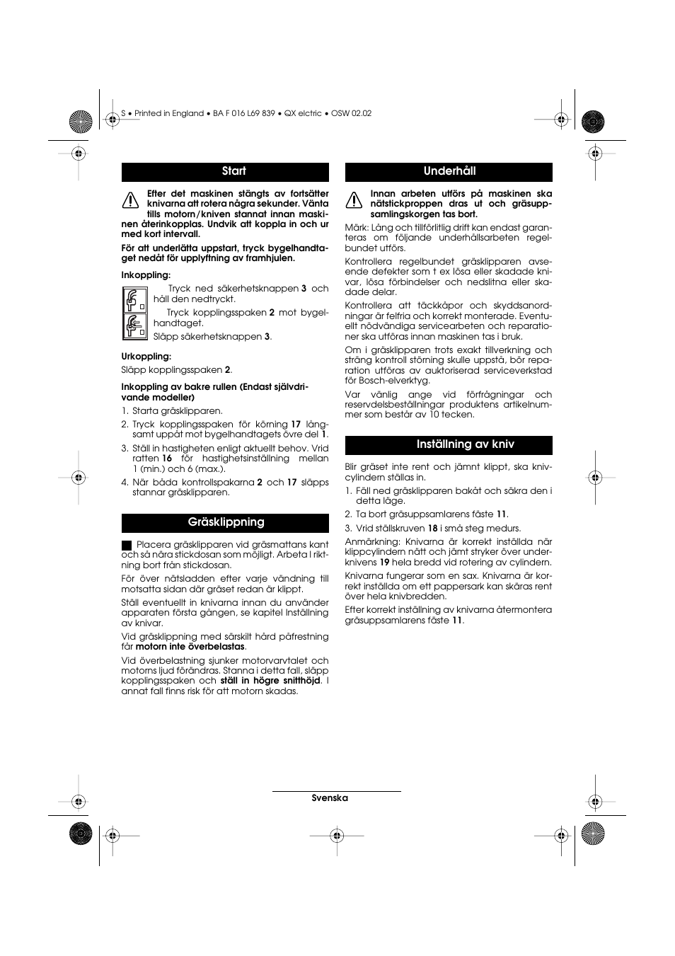 Start gräsklippning, Underhåll inställning av kniv | Atco QX User Manual | Page 65 / 97