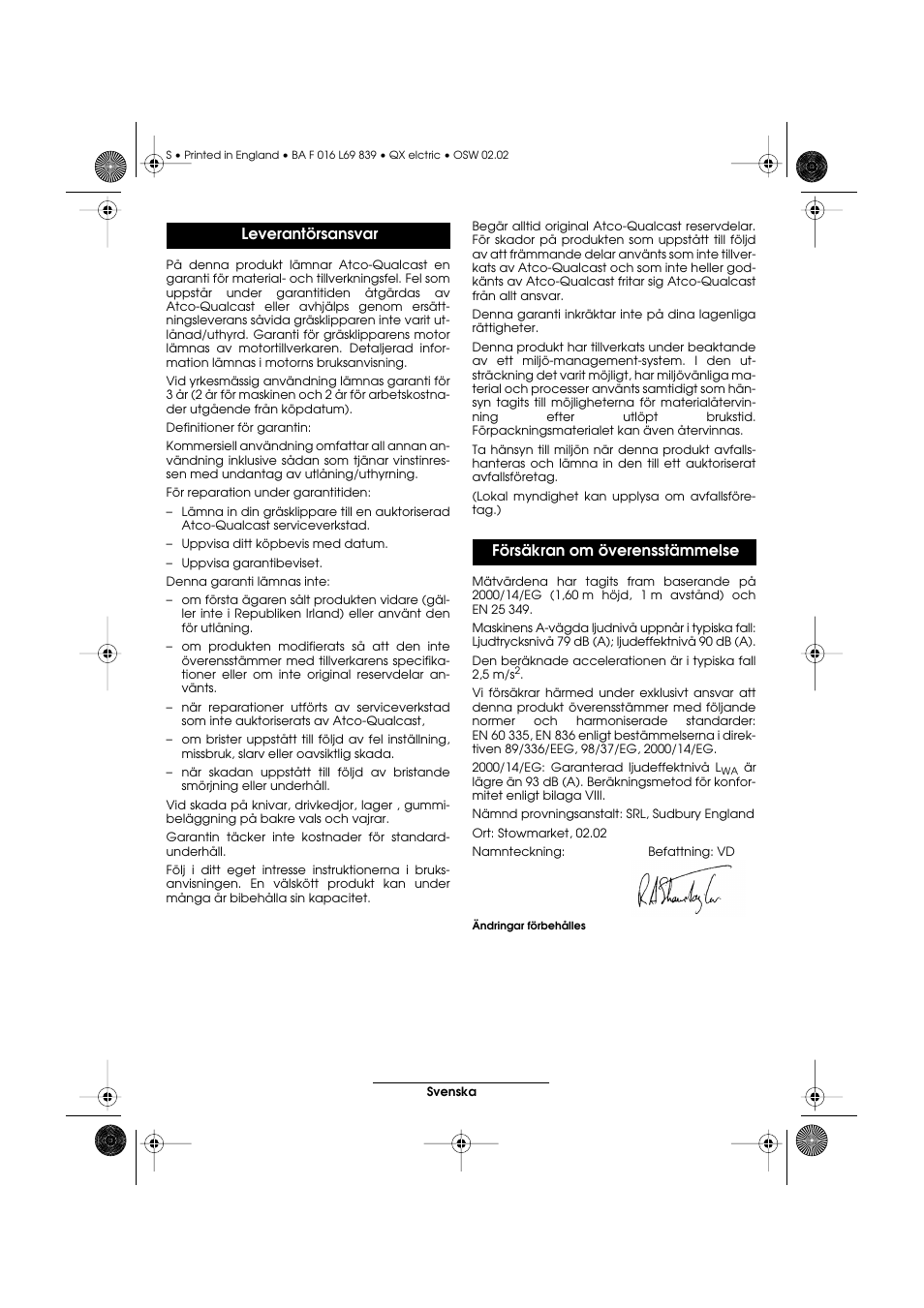 Leverantörsansvar försäkran om överensstämmelse | Atco QX User Manual | Page 68 / 97