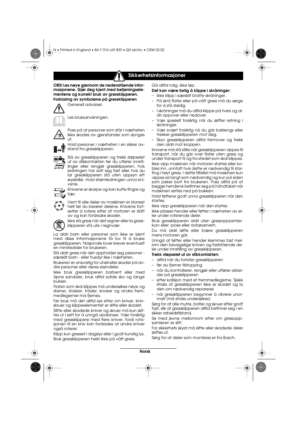 Sikkerhetsinformasjoner | Atco QX User Manual | Page 69 / 97