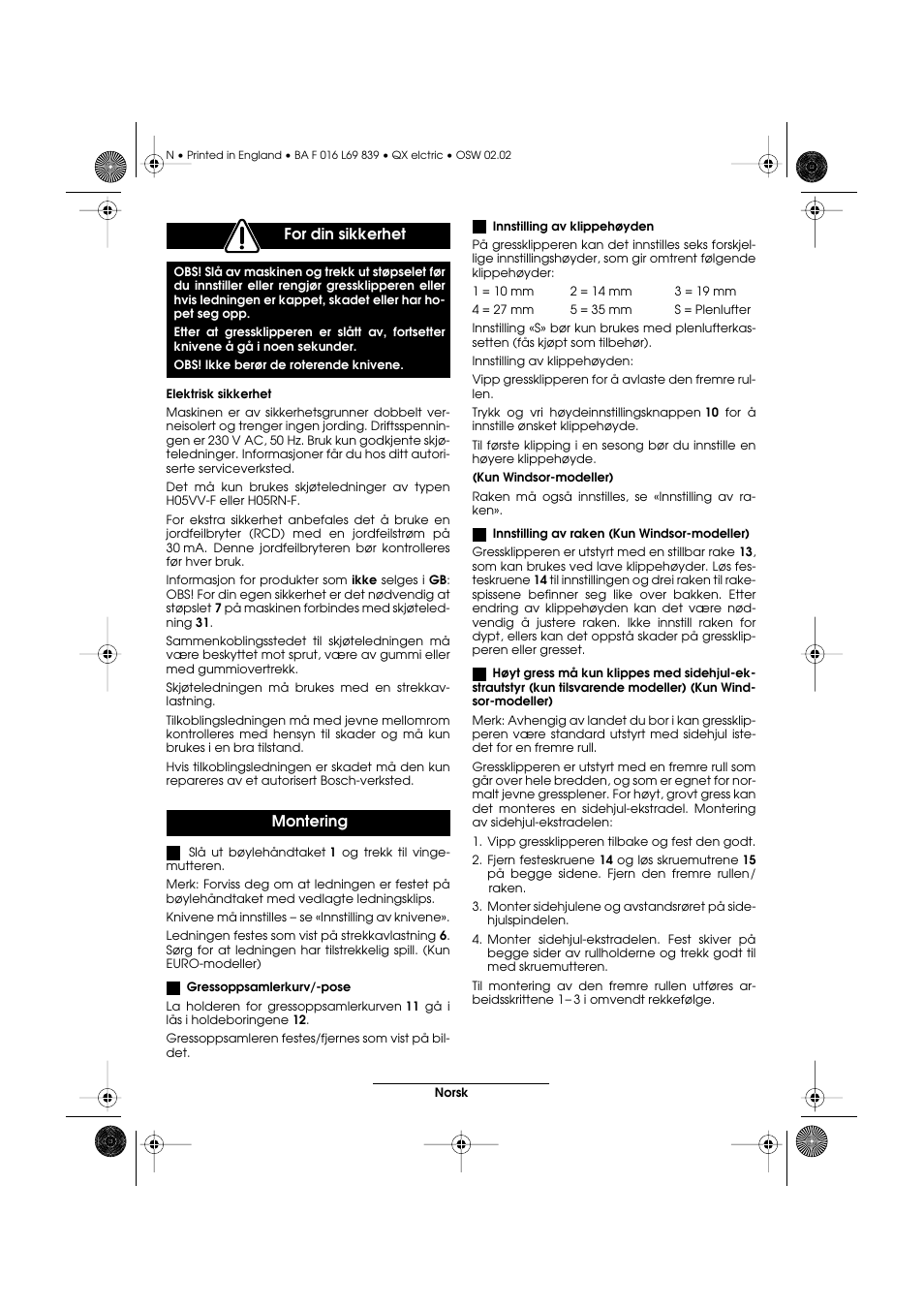 For din sikkerhet, Montering | Atco QX User Manual | Page 71 / 97