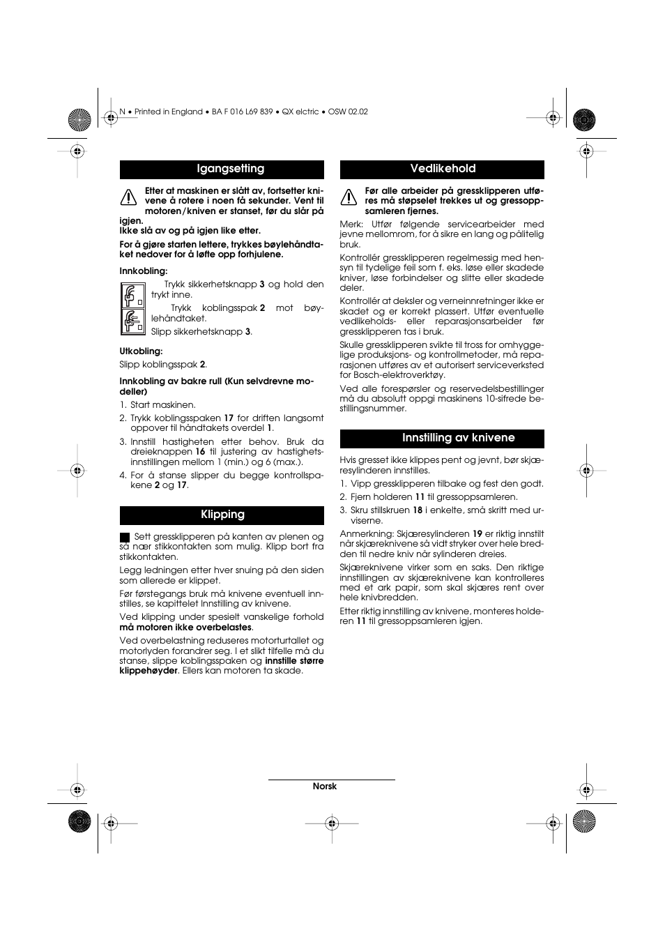 Igangsetting klipping, Vedlikehold innstilling av knivene | Atco QX User Manual | Page 72 / 97