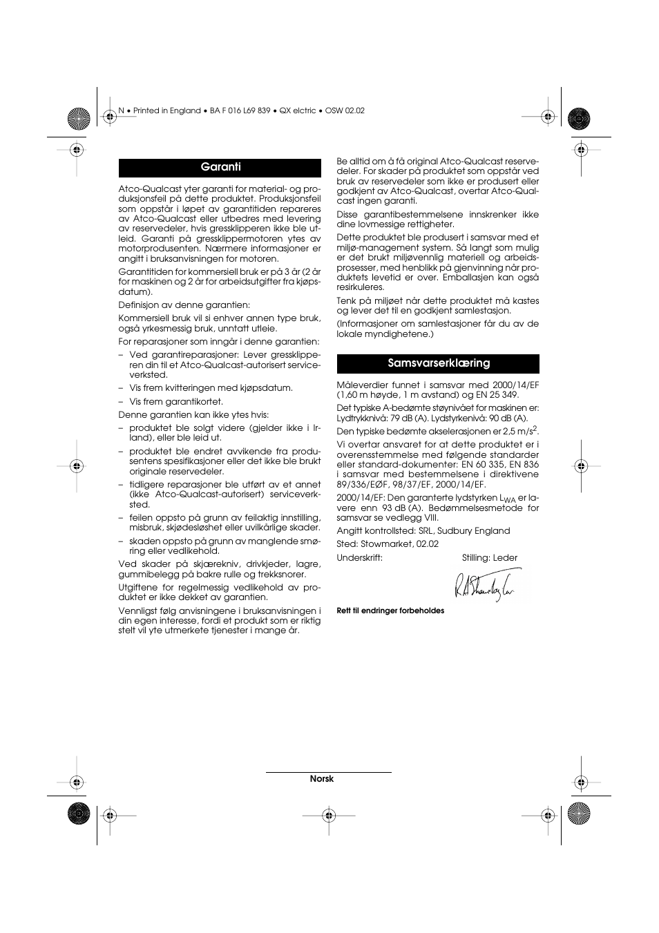 Garanti samsvarserklæring | Atco QX User Manual | Page 75 / 97
