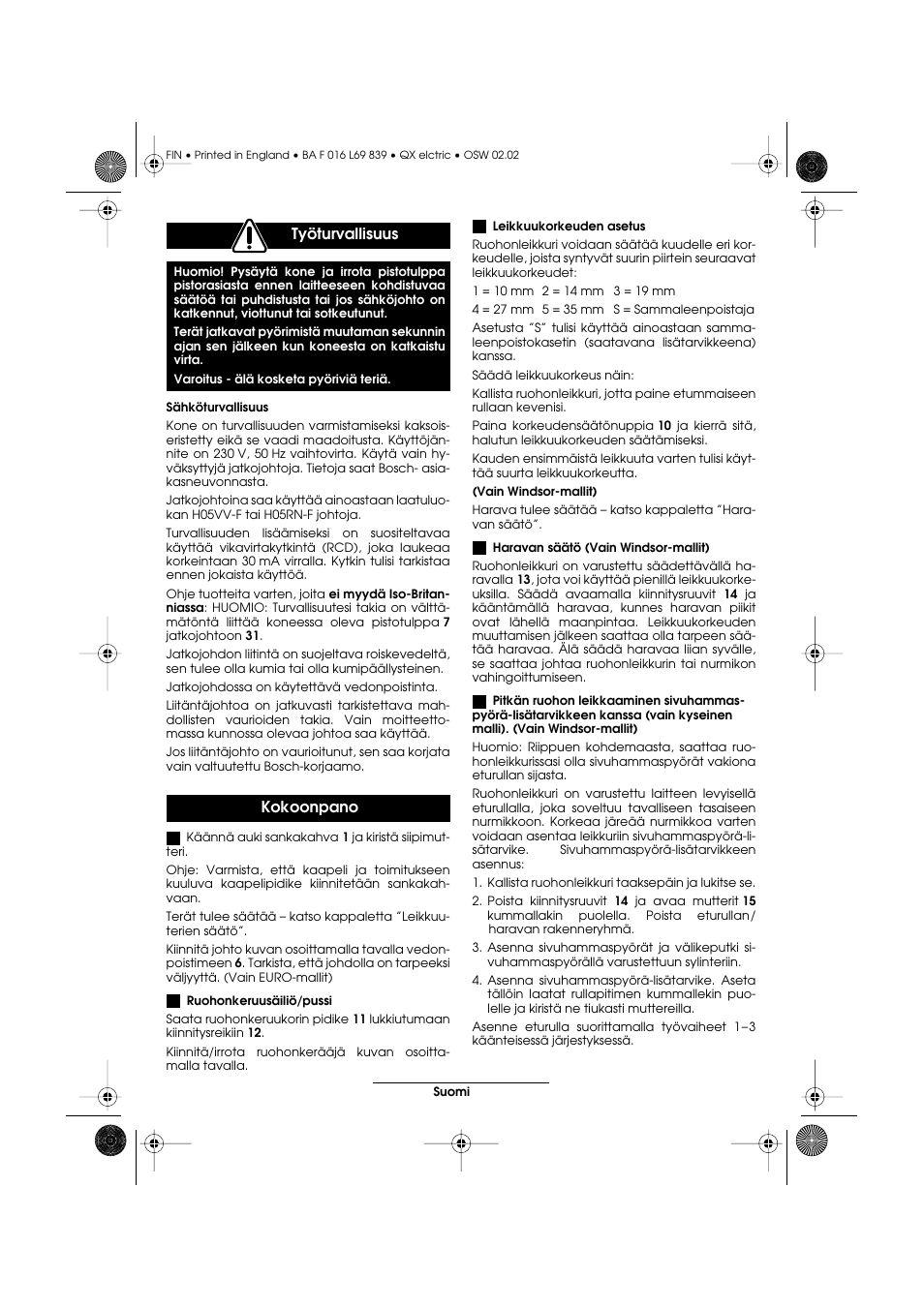 Työturvallisuus, Kokoonpano | Atco QX User Manual | Page 78 / 97