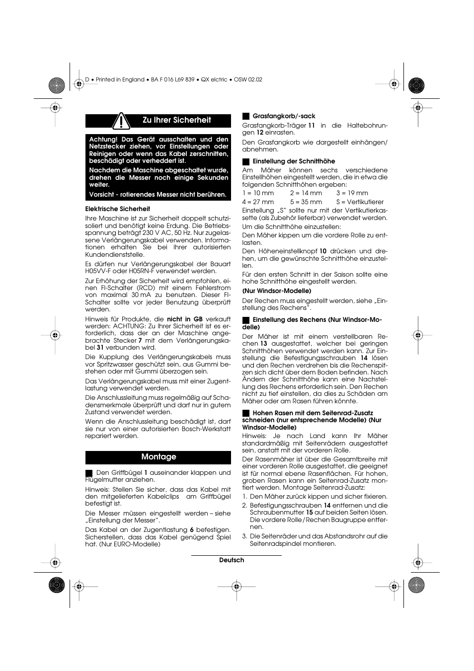 Zu ihrer sicherheit, Montage | Atco QX User Manual | Page 8 / 97