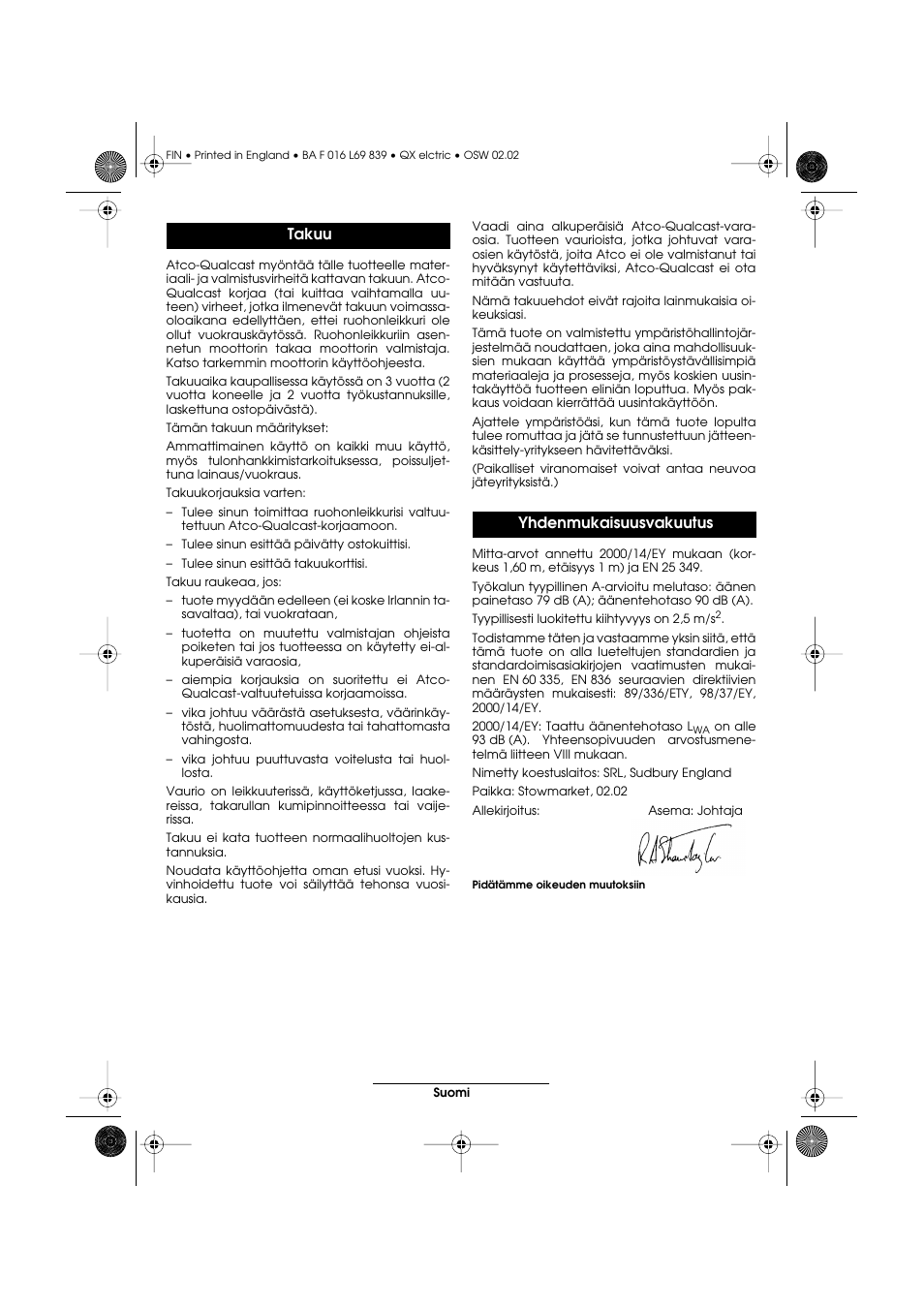 Takuu yhdenmukaisuusvakuutus | Atco QX User Manual | Page 82 / 97