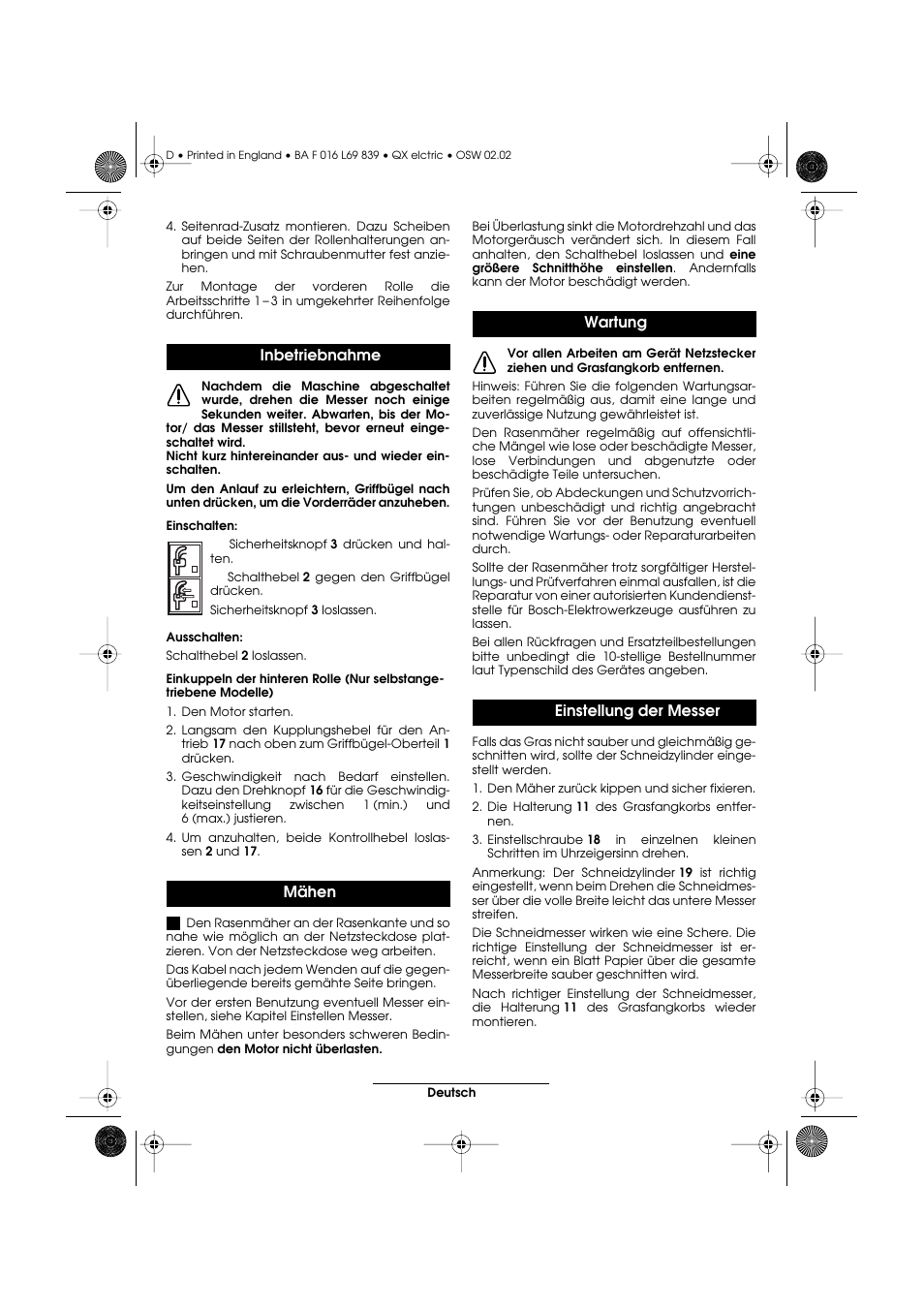 Inbetriebnahme mähen, Wartung einstellung der messer | Atco QX User Manual | Page 9 / 97