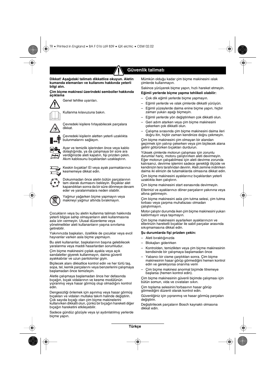 Güvenlik talimat | Atco QX User Manual | Page 90 / 97