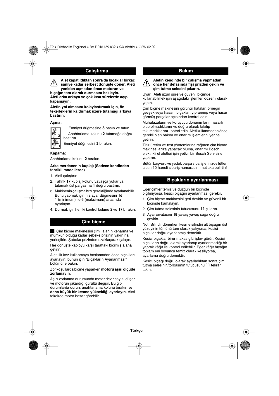 Çal∂µt∂rma çim biçme, Bak∂m b∂çaklar∂n ayarlanmas | Atco QX User Manual | Page 93 / 97