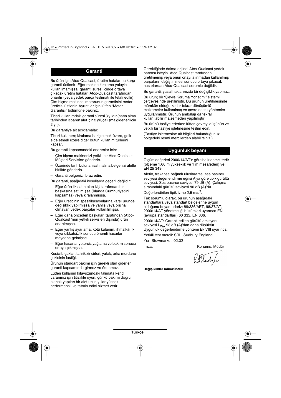 Garanti uygunluk beyan | Atco QX User Manual | Page 96 / 97