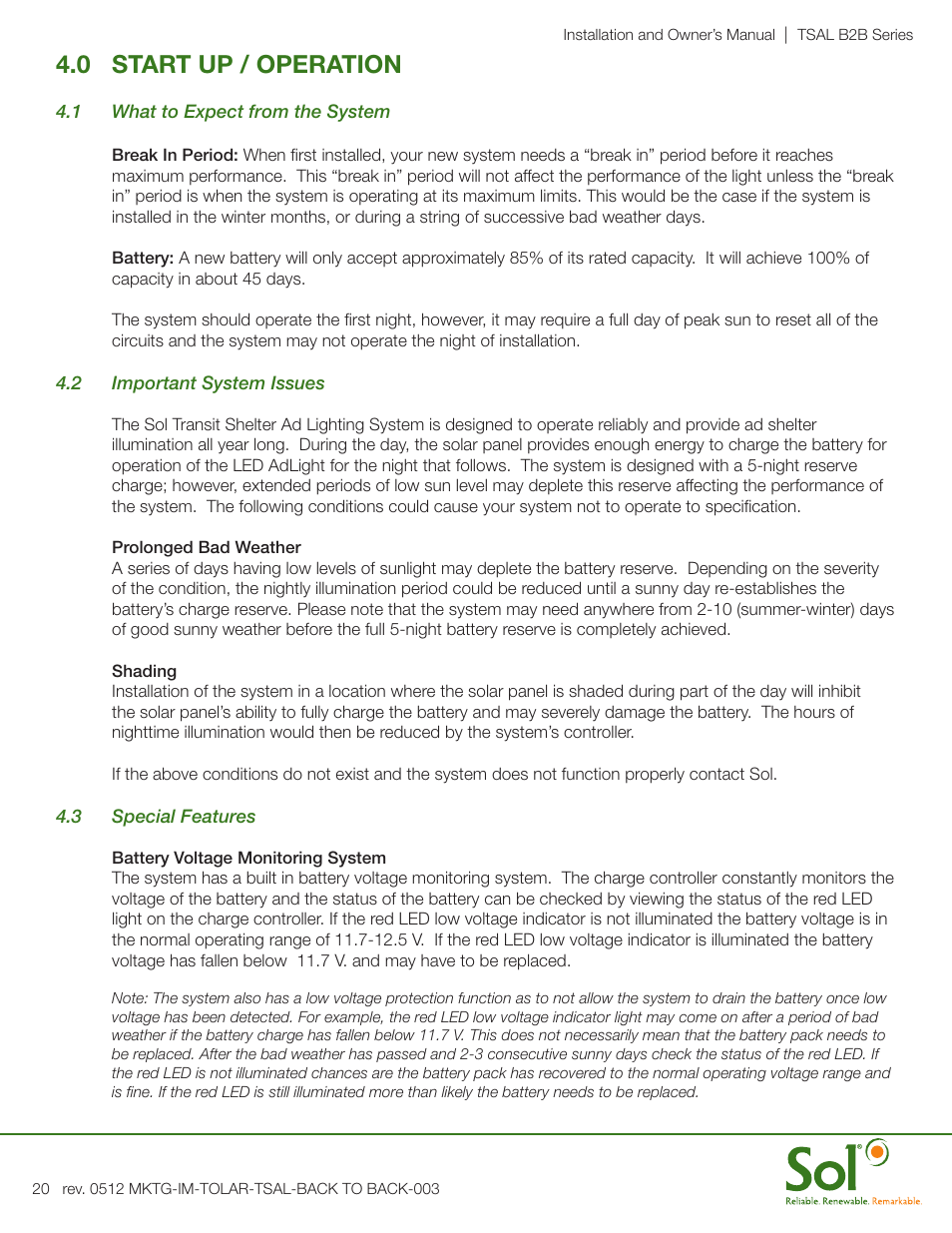 0 start up / operation | Sol Transit Shelter Ad Light User Manual | Page 20 / 24