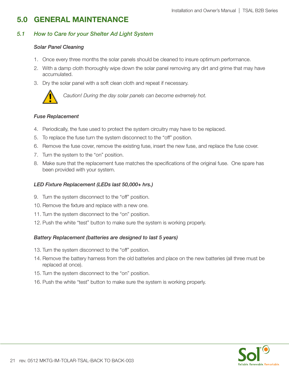 0 general maintenance | Sol Transit Shelter Ad Light User Manual | Page 21 / 24