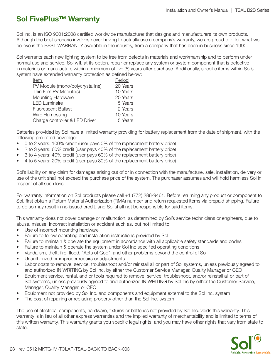 Sol fiveplus™ warranty | Sol Transit Shelter Ad Light User Manual | Page 23 / 24