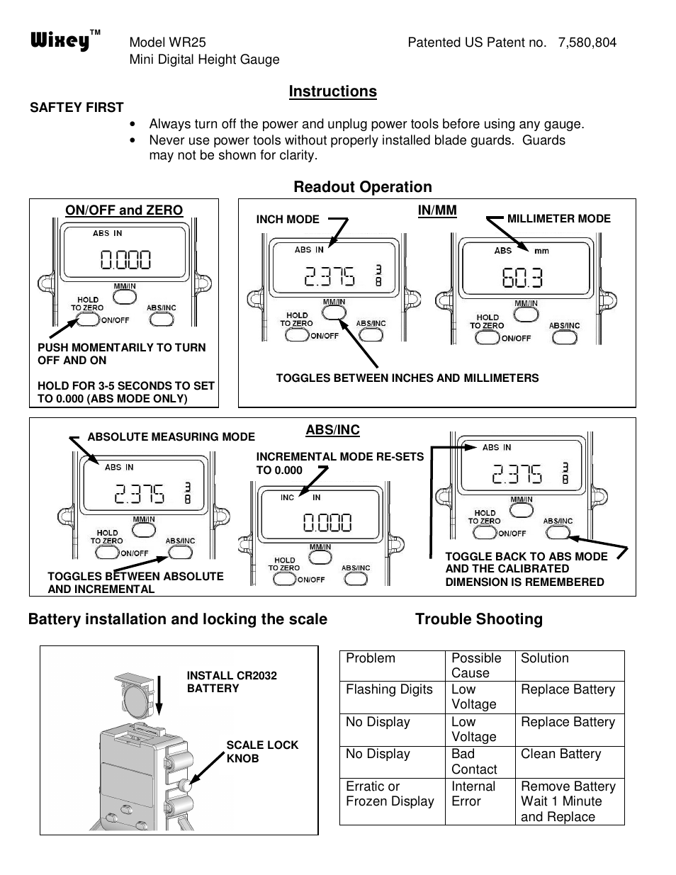 Wixey WR25 Mini Digital Height Gauge User Manual | 2 pages