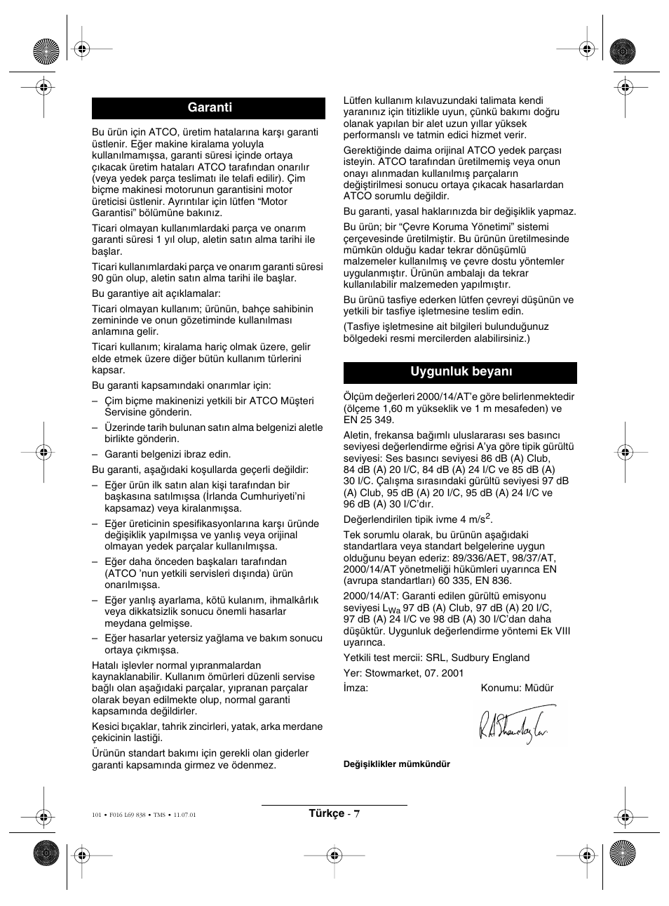 Garanti uygunluk beyan | Atco ROYALE 20E I/C User Manual | Page 101 / 104