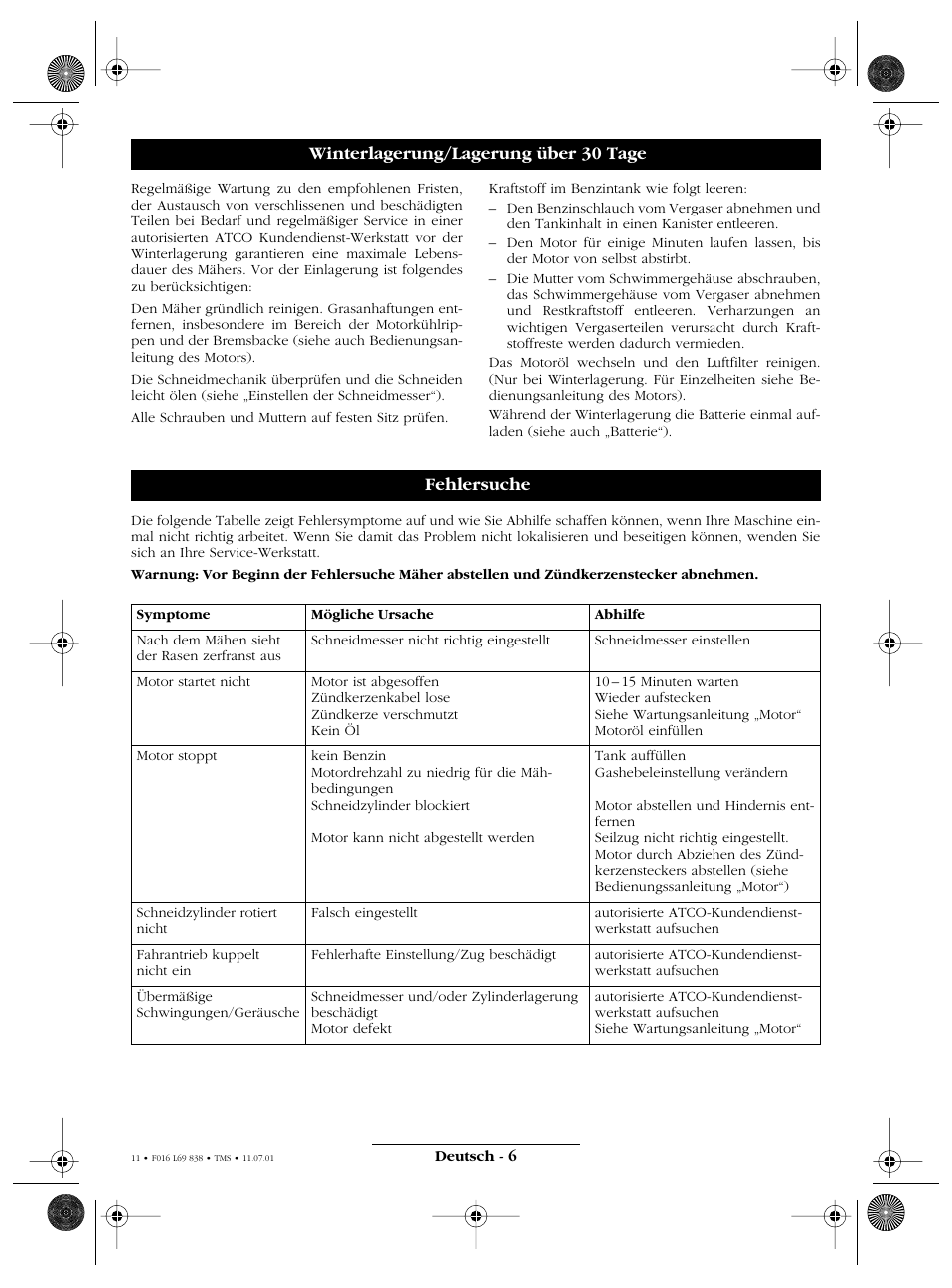 Winterlagerung/lagerung über 30 tage fehlersuche | Atco ROYALE 20E I/C User Manual | Page 11 / 104