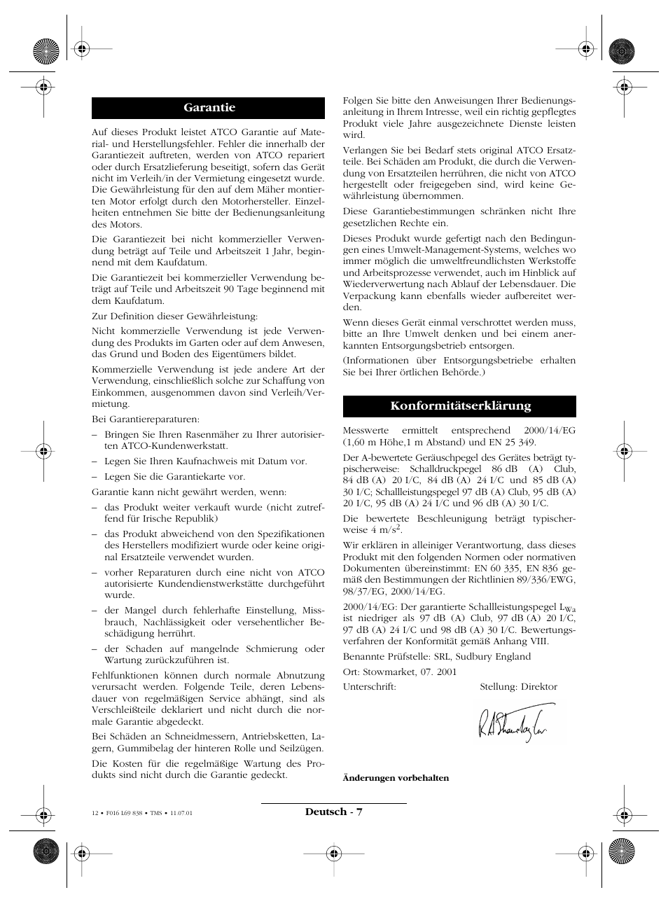 Garantie konformitätserklärung | Atco ROYALE 20E I/C User Manual | Page 12 / 104