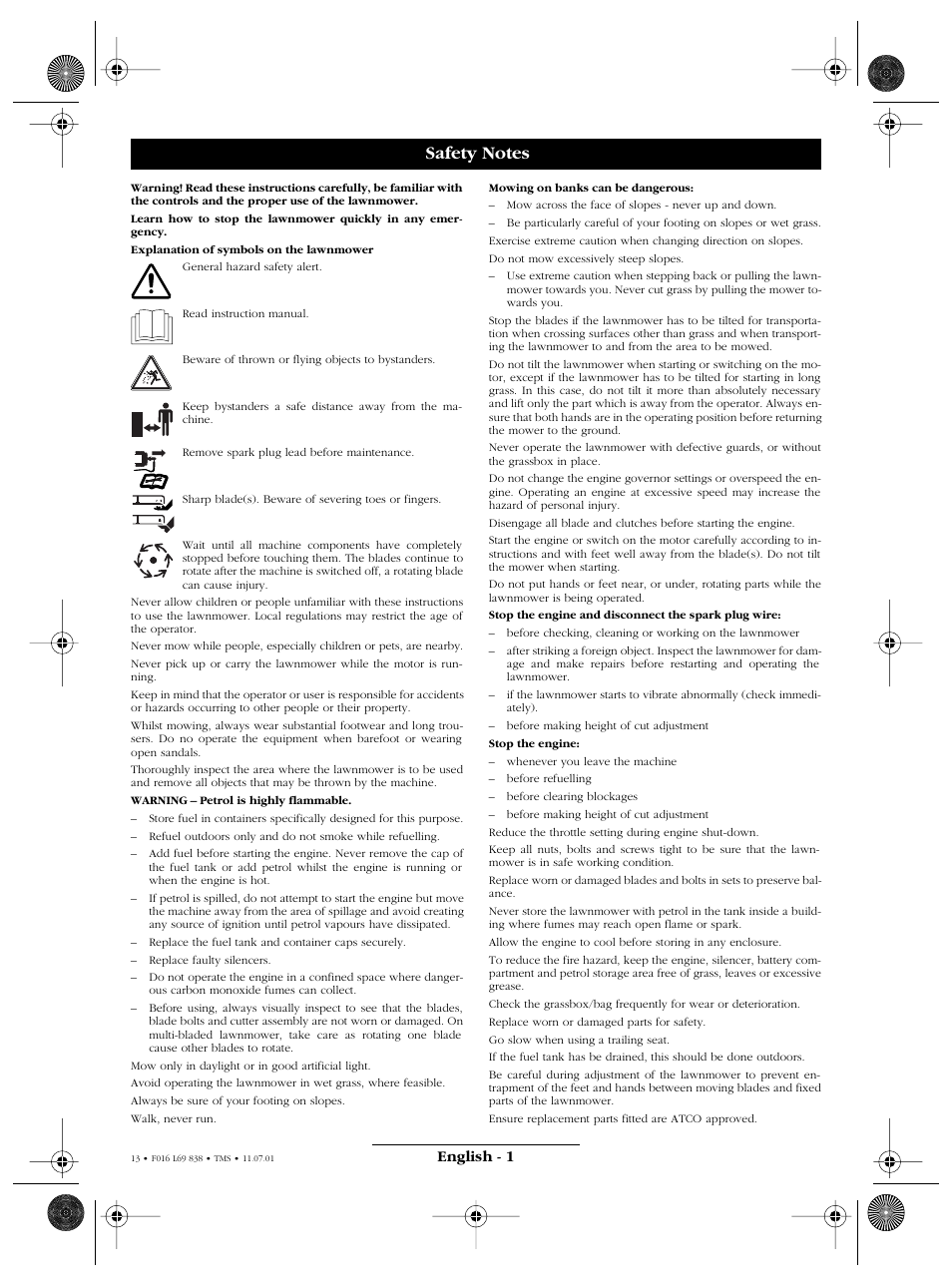 English - 1 | Atco ROYALE 20E I/C User Manual | Page 13 / 104