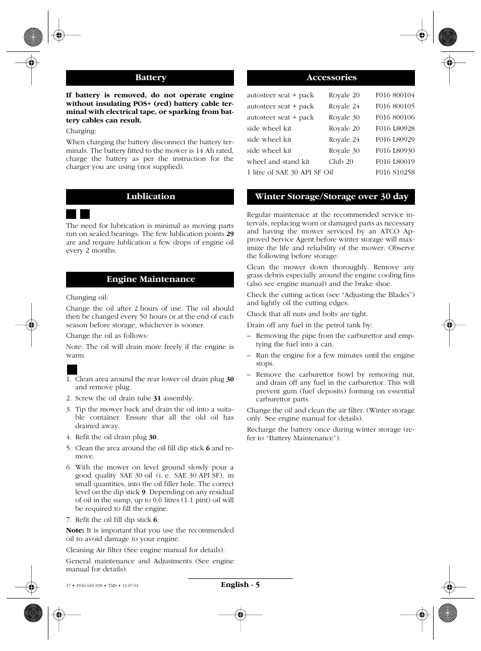 Battery lublication engine maintenance, Accessories winter storage/storage over 30 day | Atco ROYALE 20E I/C User Manual | Page 17 / 104