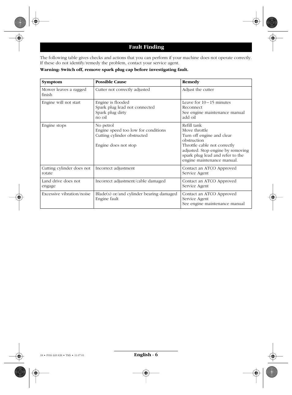 Fault finding | Atco ROYALE 20E I/C User Manual | Page 18 / 104