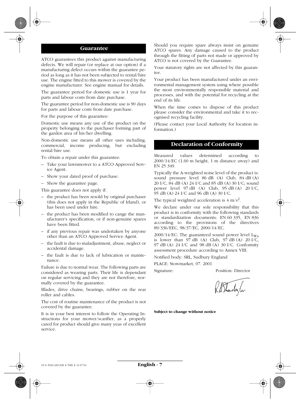 Guarantee declaration of conformity | Atco ROYALE 20E I/C User Manual | Page 19 / 104