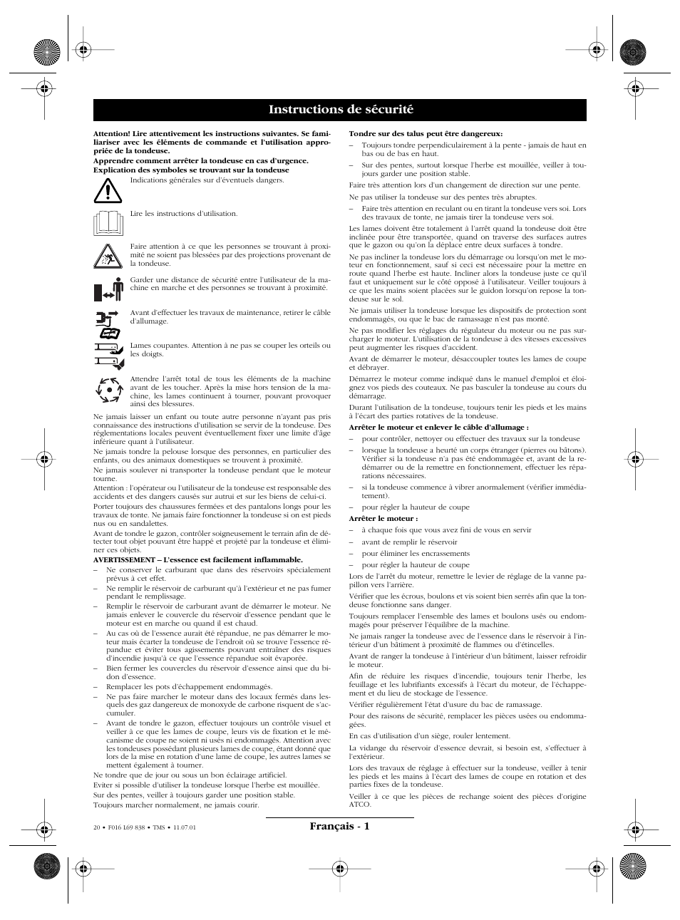Instructions de sécurité, Français - 1 | Atco ROYALE 20E I/C User Manual | Page 20 / 104