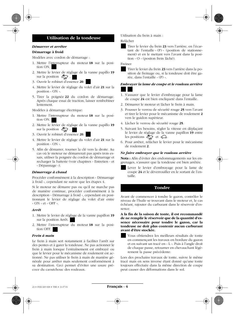 Utilisation de la tondeuse, Tondre | Atco ROYALE 20E I/C User Manual | Page 23 / 104