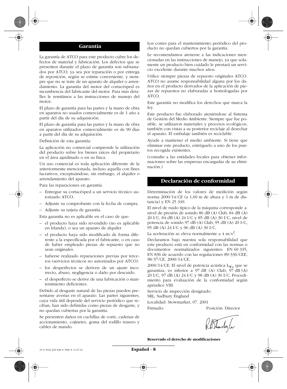 Garantía declaración de conformidad | Atco ROYALE 20E I/C User Manual | Page 35 / 104