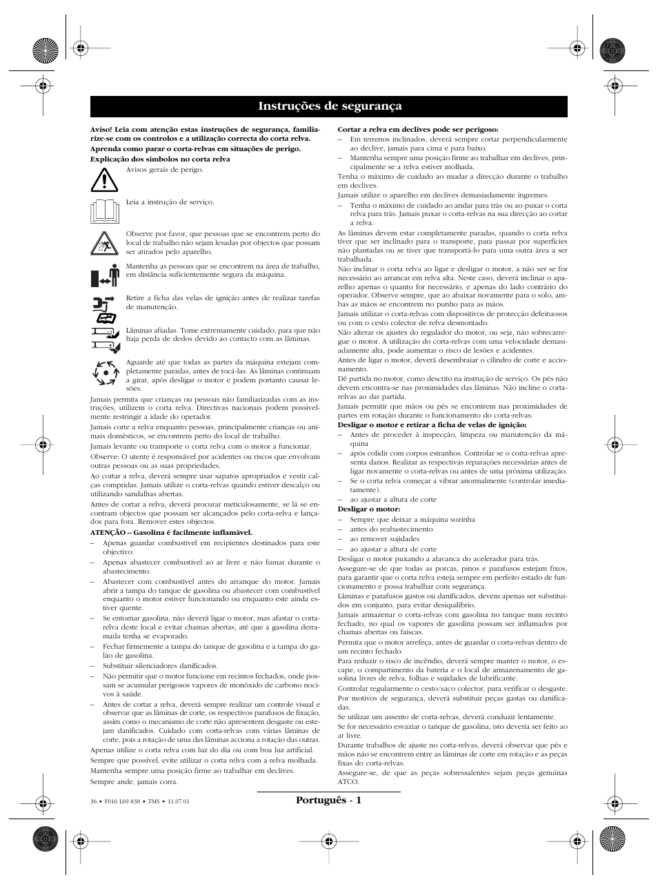 Instruções de segurança, Português - 1 | Atco ROYALE 20E I/C User Manual | Page 36 / 104