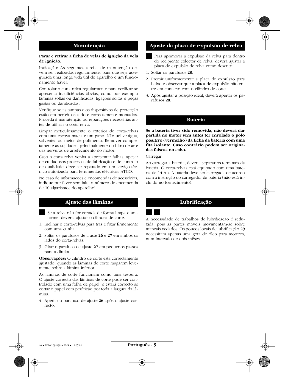 Manutenção ajuste das lâminas | Atco ROYALE 20E I/C User Manual | Page 40 / 104