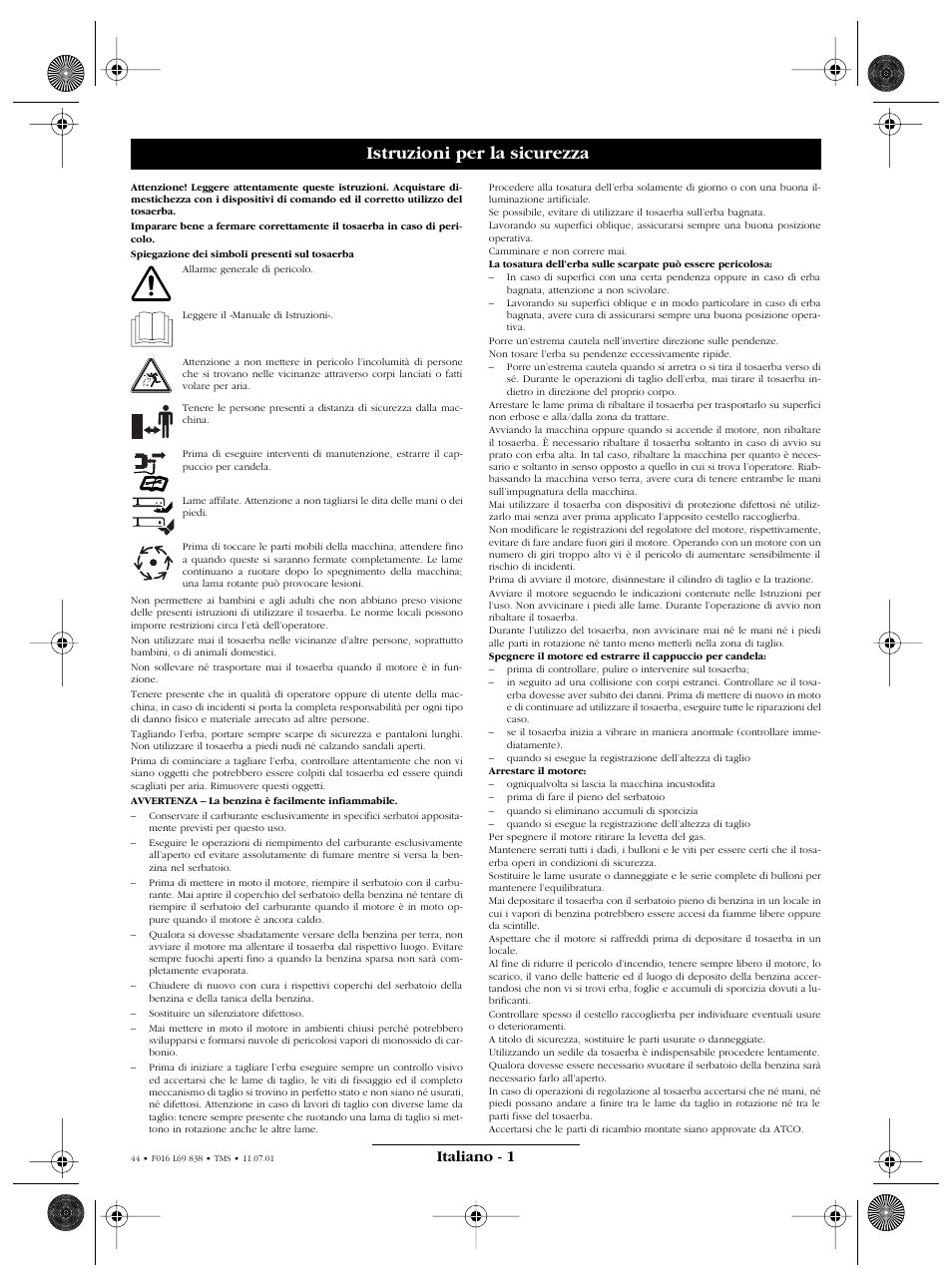 Istruzioni per la sicurezza, Italiano - 1 | Atco ROYALE 20E I/C User Manual | Page 44 / 104