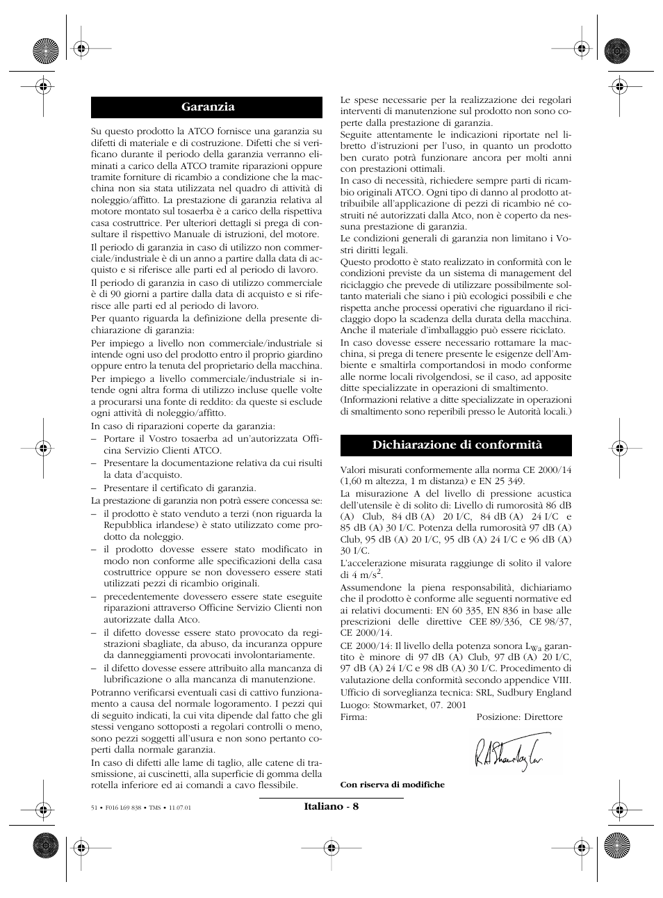 Garanzia dichiarazione di conformità | Atco ROYALE 20E I/C User Manual | Page 51 / 104