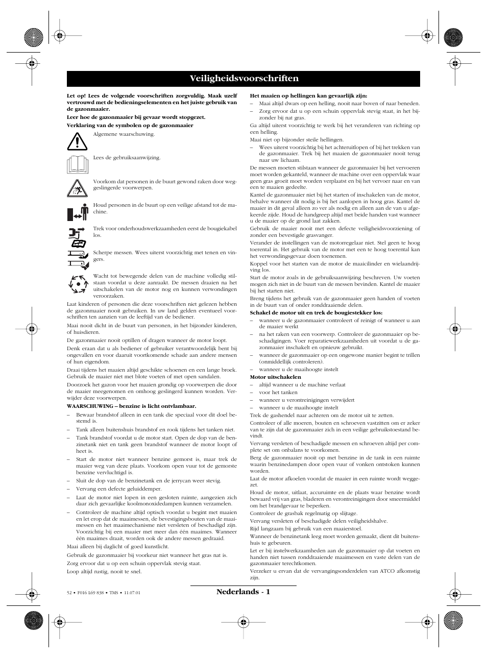 Veiligheidsvoorschriften, Nederlands - 1 | Atco ROYALE 20E I/C User Manual | Page 52 / 104