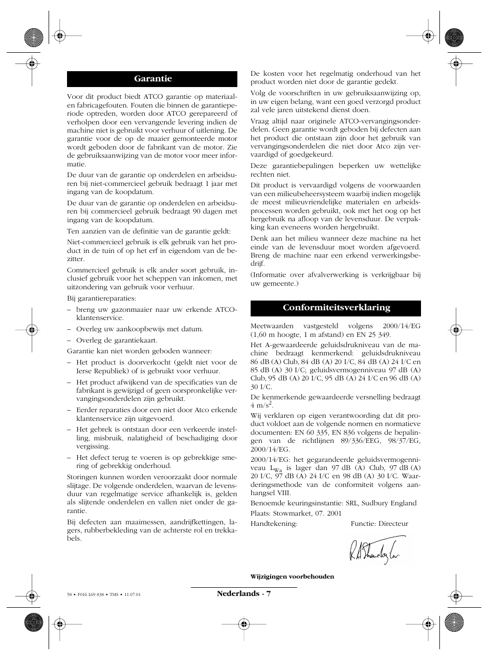 Garantie conformiteitsverklaring | Atco ROYALE 20E I/C User Manual | Page 58 / 104