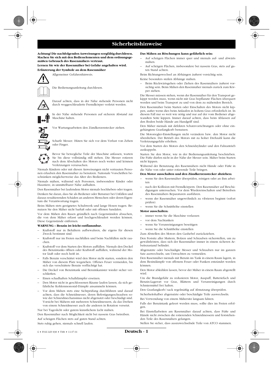Sicherheitshinweise, Deutsch - 1 | Atco ROYALE 20E I/C User Manual | Page 6 / 104