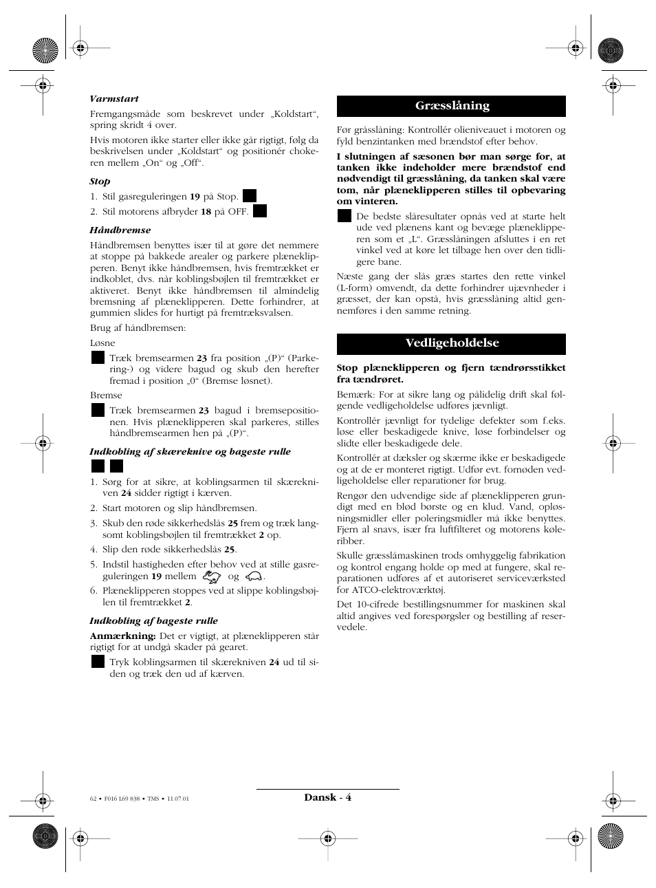 Græsslåning vedligeholdelse | Atco ROYALE 20E I/C User Manual | Page 62 / 104