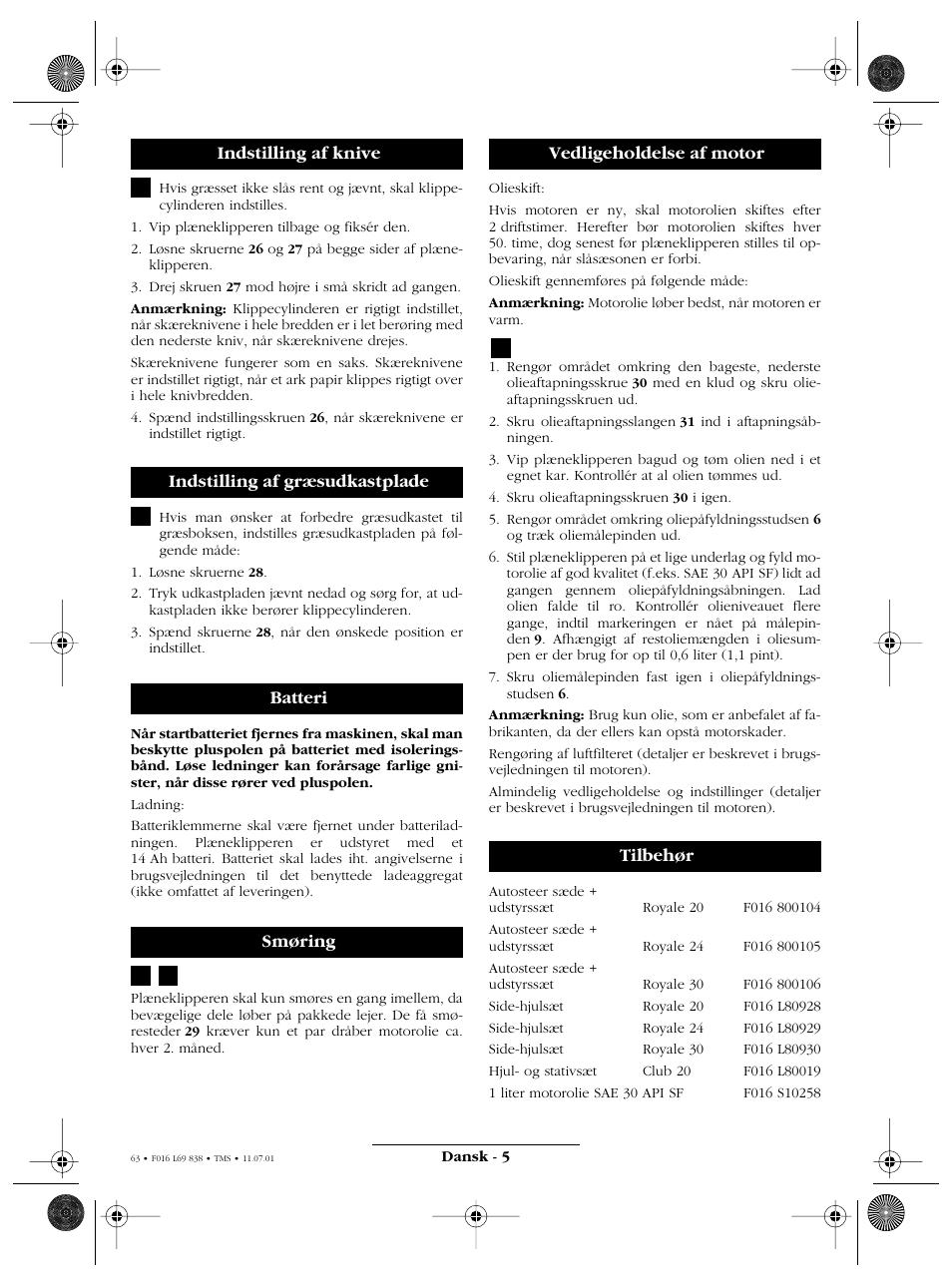 Vedligeholdelse af motor tilbehør | Atco ROYALE 20E I/C User Manual | Page 63 / 104