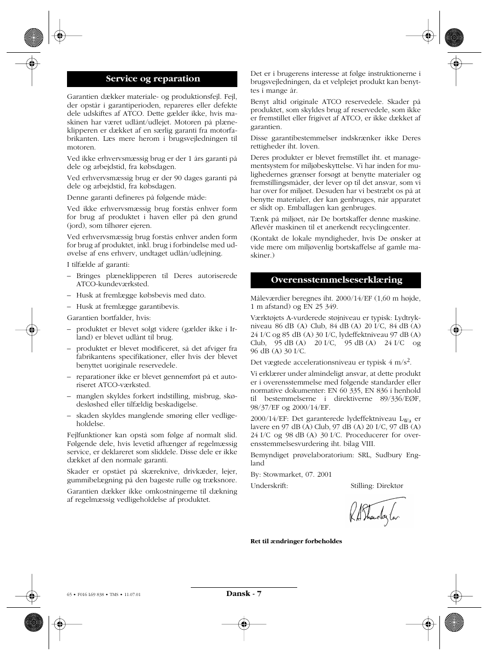 Service og reparation overensstemmelseserklæring | Atco ROYALE 20E I/C User Manual | Page 65 / 104