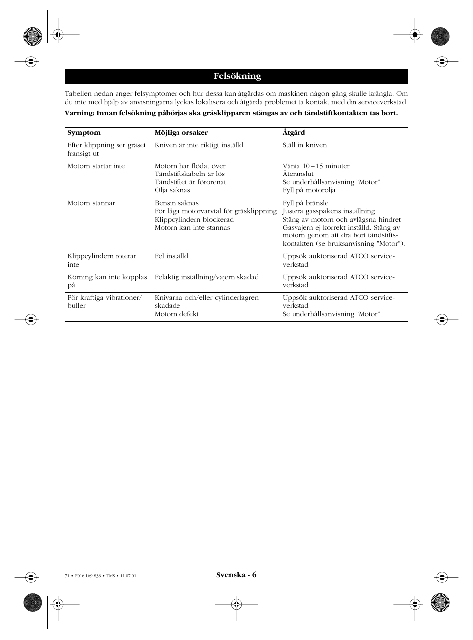 Felsökning | Atco ROYALE 20E I/C User Manual | Page 71 / 104