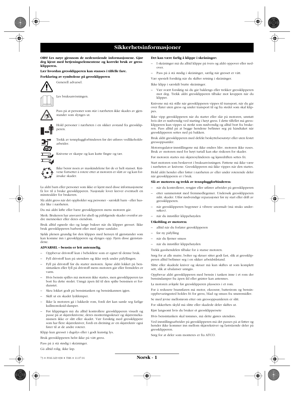 Sikkerhetsinformasjoner, Norsk - 1 | Atco ROYALE 20E I/C User Manual | Page 73 / 104